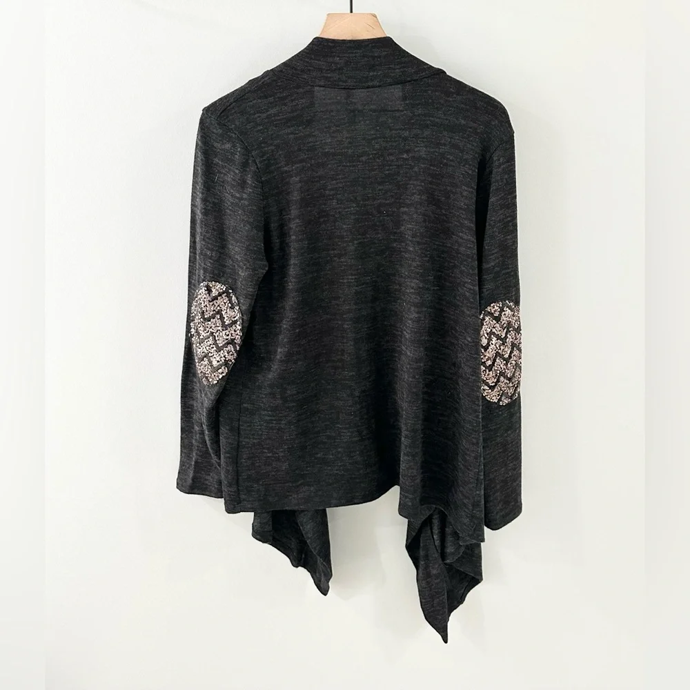 Style Rack Sequin Elbow Patch Open Front Cardigan Gray Size Large - Picture 6 of 6
